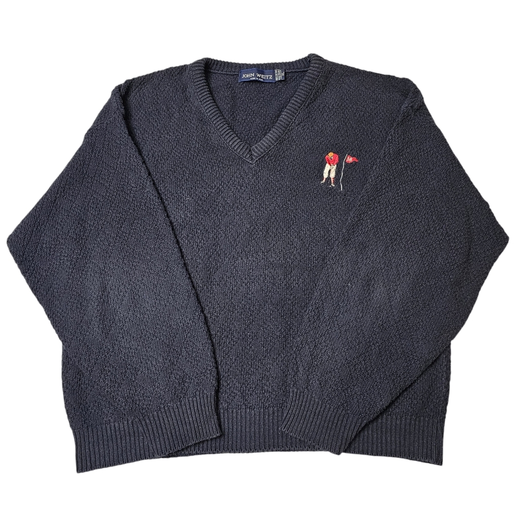 John Weitz Mens Size XL Embroidered Golf Sweater V Neck Pullover Deep Blue